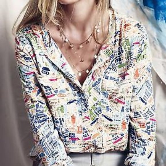 Anthropologie Maeve Cartography Button Down Top with Split Back Hem Size… - Picture 1 of 8